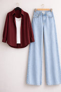 Maroon Button Down Shirt with Inner & Ice-Blue Wide Legs Jeans