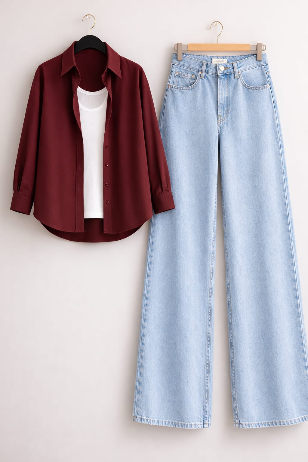 Maroon Button Down Shirt with Inner & Ice-Blue Wide Legs Jeans