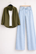 Olive-Green Button Down Shirt with Inner & Ice-Blue Wide Legs Jeans