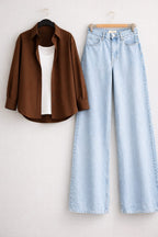 Brown Button Down Shirt with Inner & Ice-Blue Wide Legs Jeans