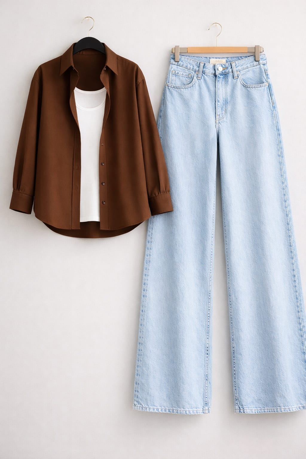 Brown Button Down Shirt with Inner & Ice-Blue Wide Legs Jeans