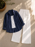 Navy-Blue Button Down Shirt With White Inner and White Wide Leg Jeans