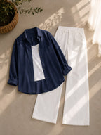 Navy-Blue Button Down Shirt With White Inner and White Wide Leg Jeans