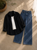 Black Button Down Shirt With White Inner and Mid Blue Wide Leg Jeans