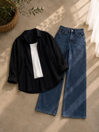 Black Button Down Shirt With White Inner and Mid Blue Wide Leg Jeans