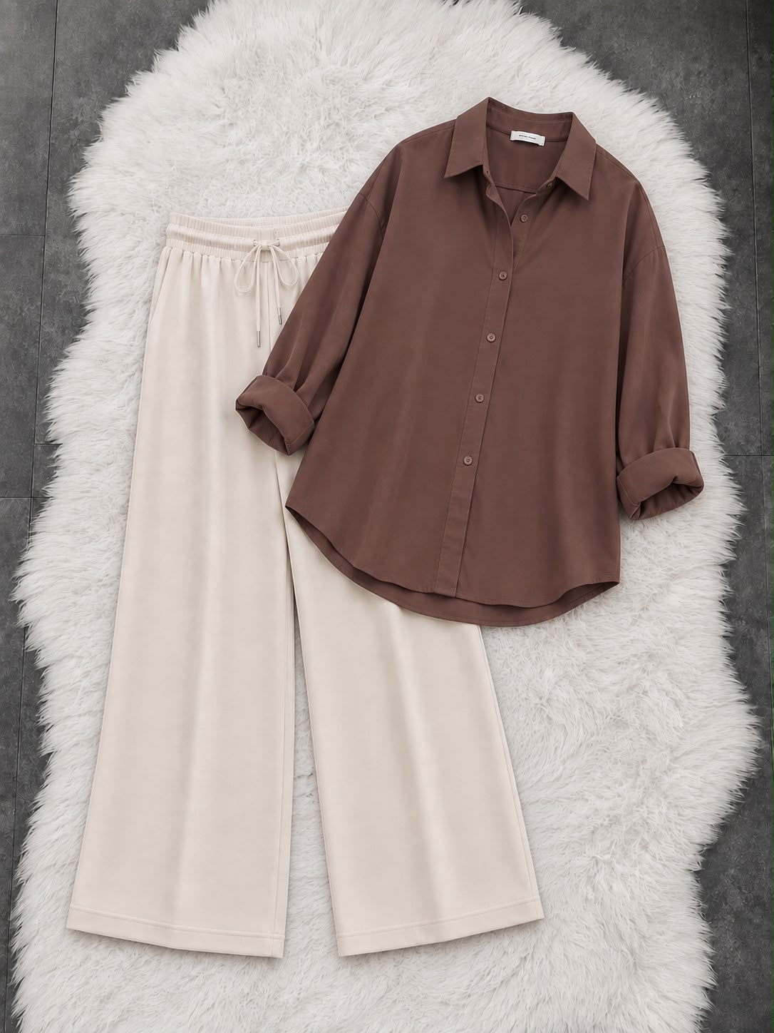 Light Brown Button Down Shirt With Light Beige Flapper Trouser