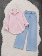 Pink Stripe Button Down Shirt With Sky Blue Wide Leg Jeans