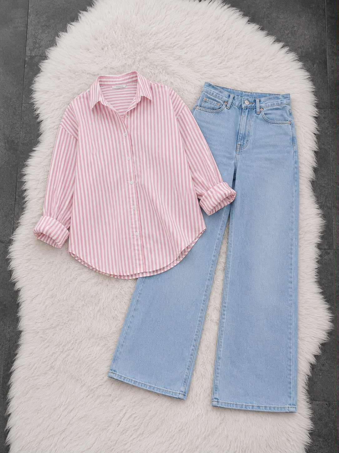 Pink Stripe Button Down Shirt With Sky Blue Wide Leg Jeans