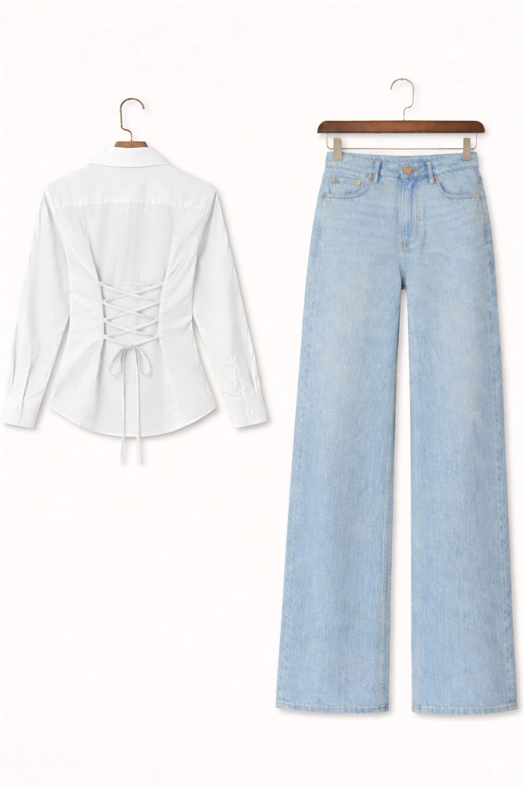 White Fitted Button Down & IceBlue Wide Leg Jeans