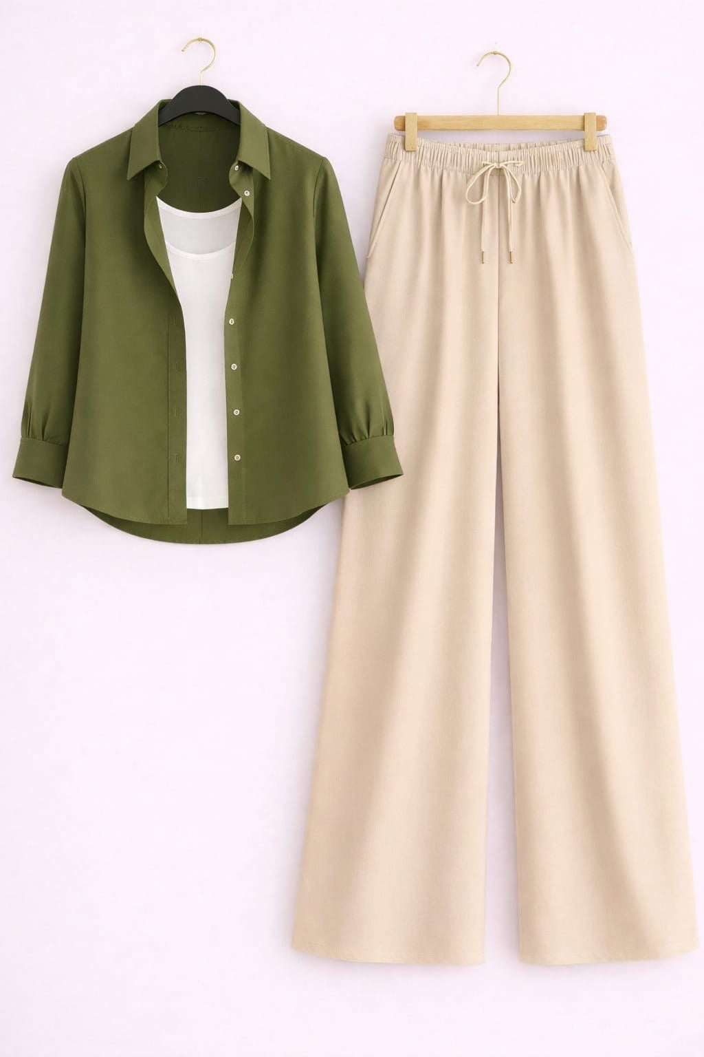 Olive Green Button Down Shirt With White Inner & Beige Flapper Trouser