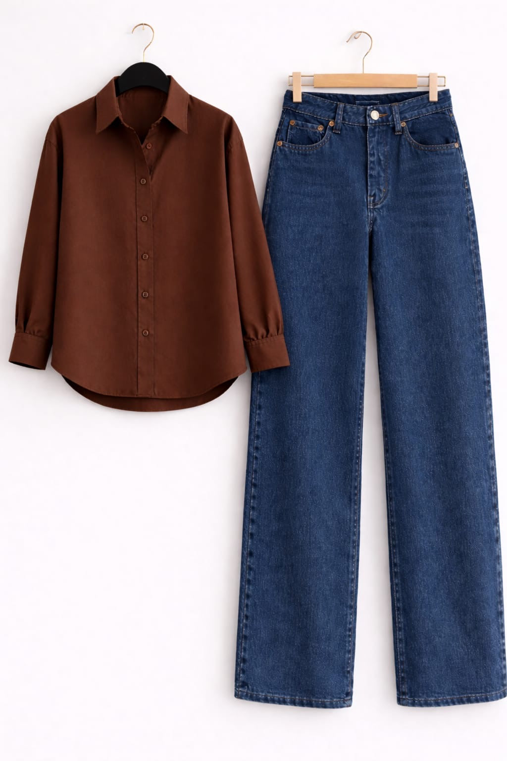 Brown Button Down Shirt & Mid Blue Wide Leg Jeans