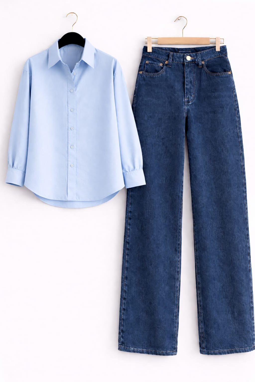 Sky Blue Button Down Shirt & Mid Blue Wide Leg Jeans