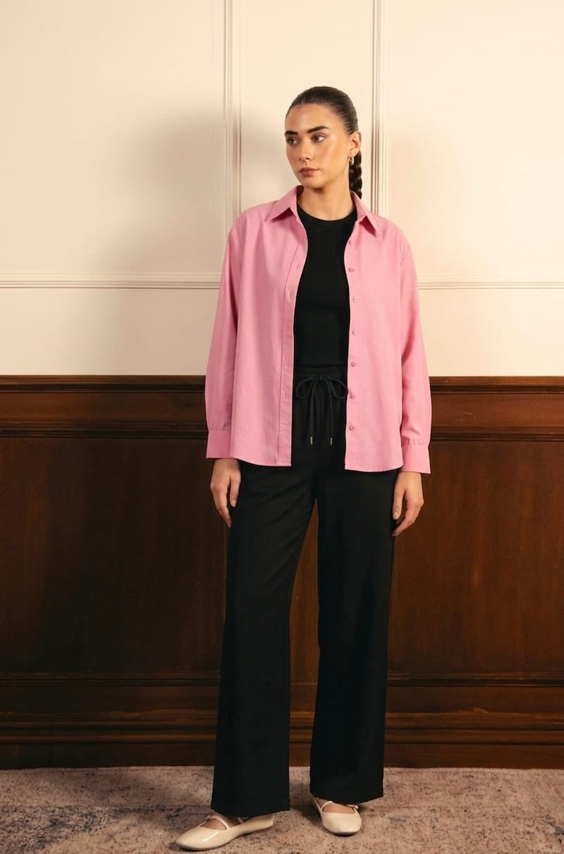 Baby Pink Button Down Shirt With Black Inner & Black Flapper Trouser