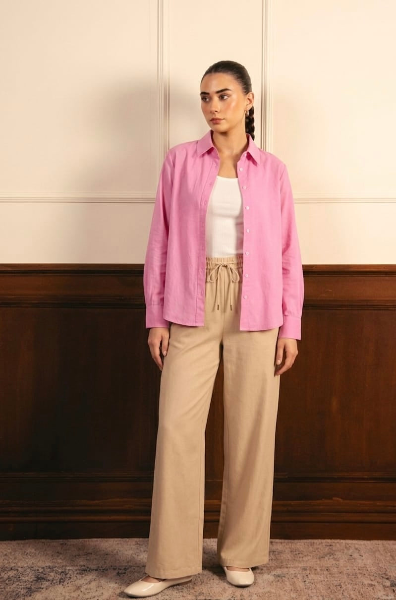 Baby Pink Button Down Shirt With White Inner & White Flapper Trouser