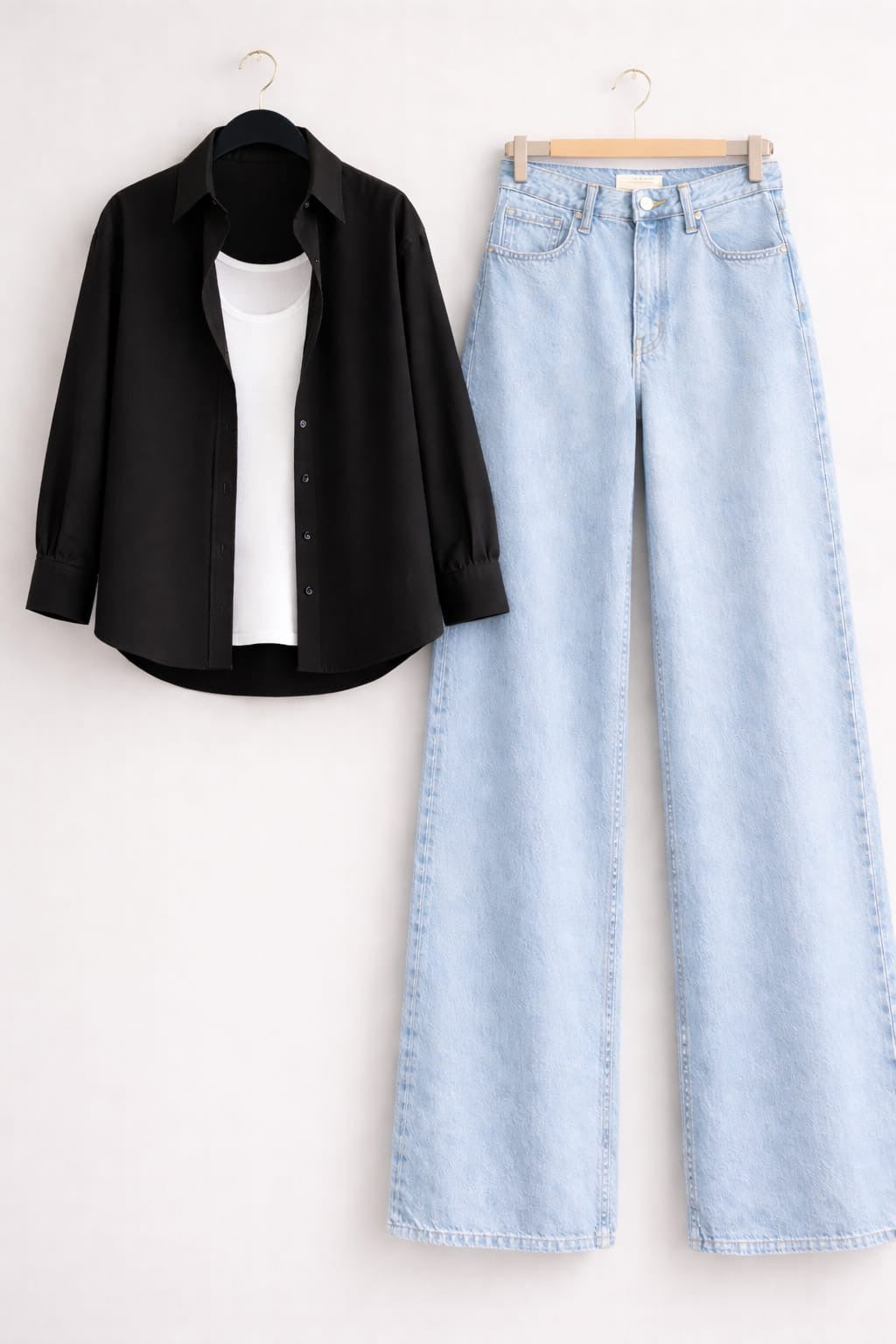 Black Button Down Shirt with Inner & Ice-Blue Wide Legs Jeans