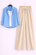 Sky Blue Button Down Shirt With White Inner & White Flapper Trouser
