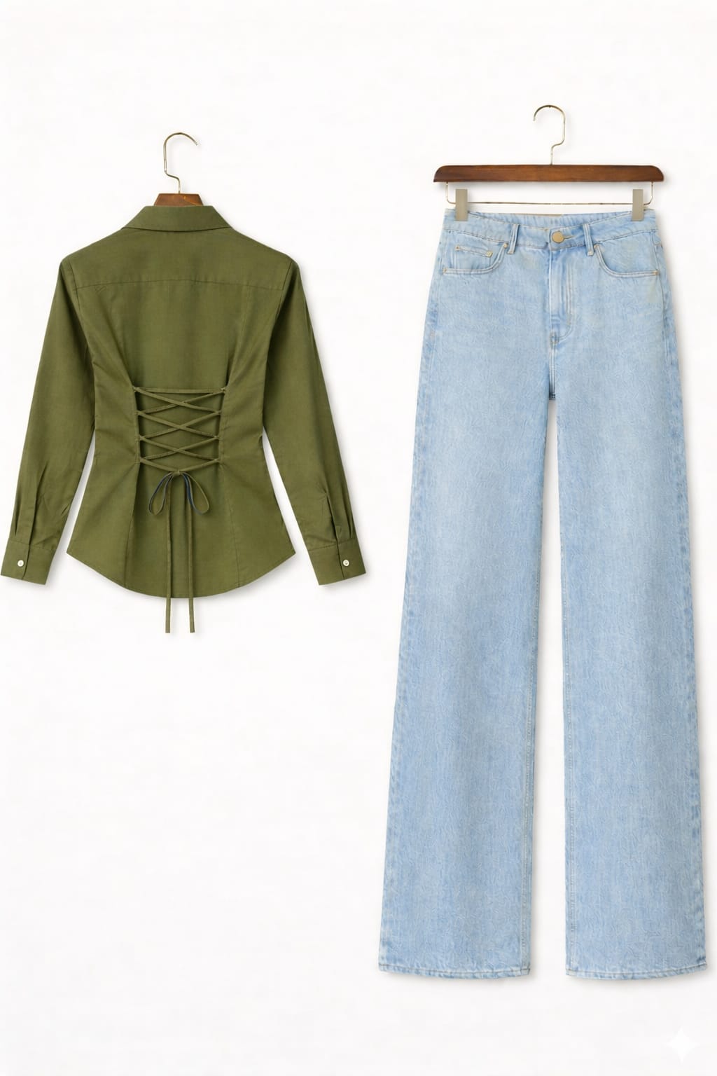 Olive Green Fitted Button Down & IceBlue Wide Leg Jeans