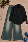Black Button Down Shirt & Greenish Vintage Baggy Jeans