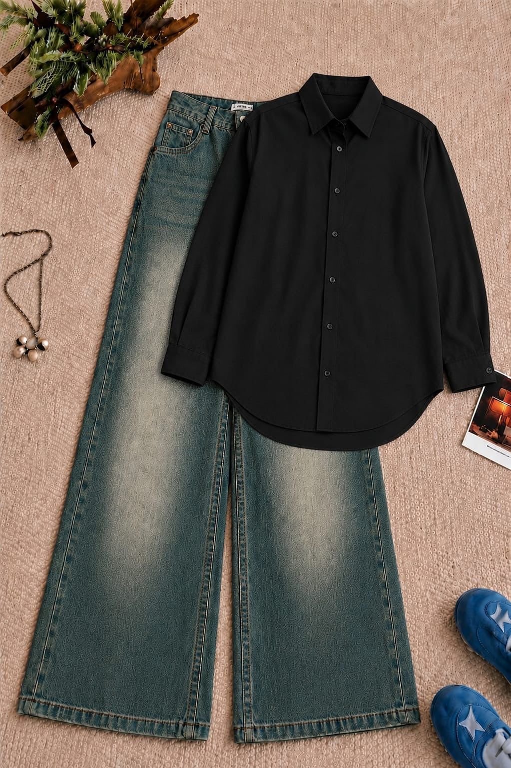 Black Button Down Shirt & Greenish Vintage Baggy Jeans