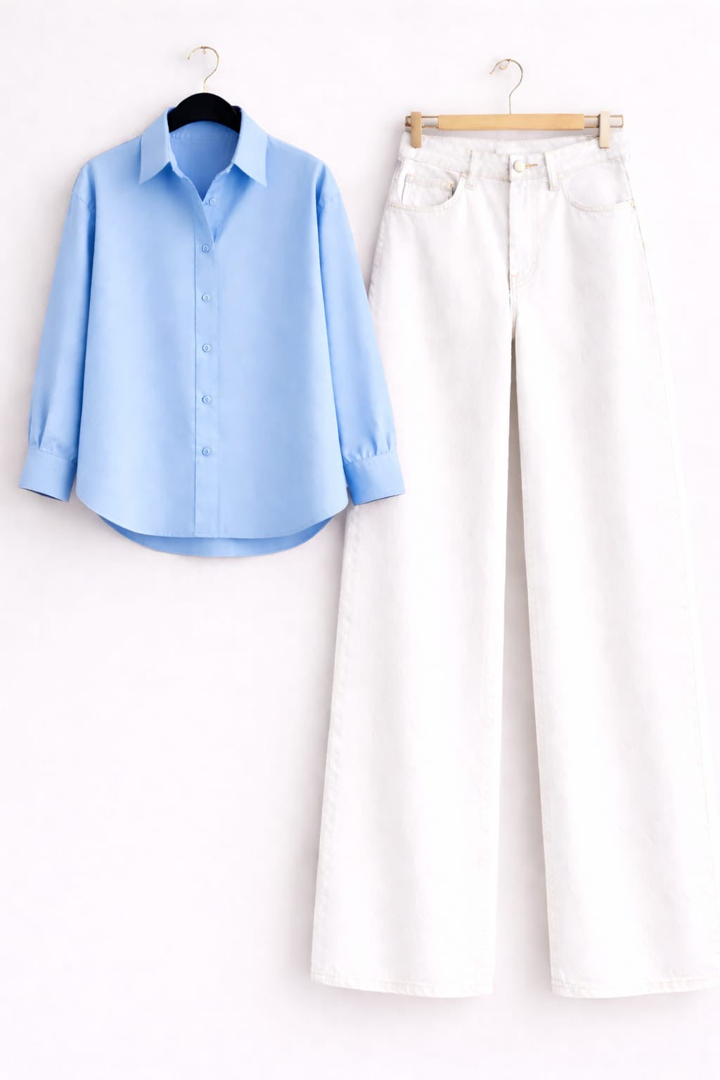 Sky-Blue Button Down Shirt & White Wide Leg Jeans