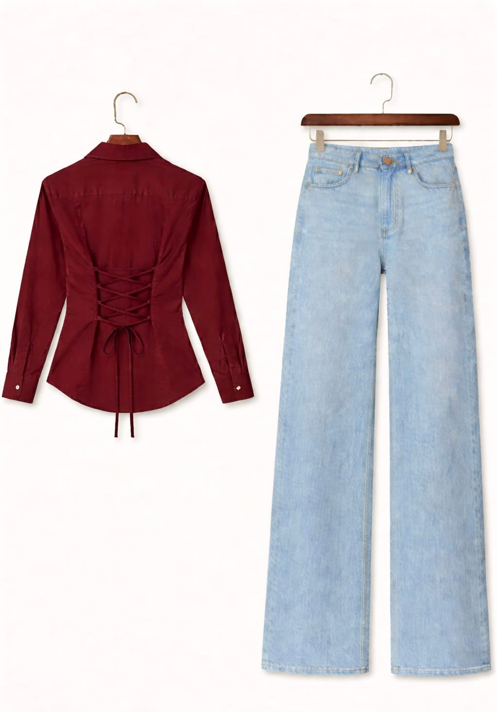 Maroon Fitted Button Down & IceBlue Wide Leg Jeans