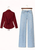 Maroon Fitted Button Down & IceBlue Wide Leg Jeans