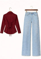 Maroon Fitted Button Down & IceBlue Wide Leg Jeans