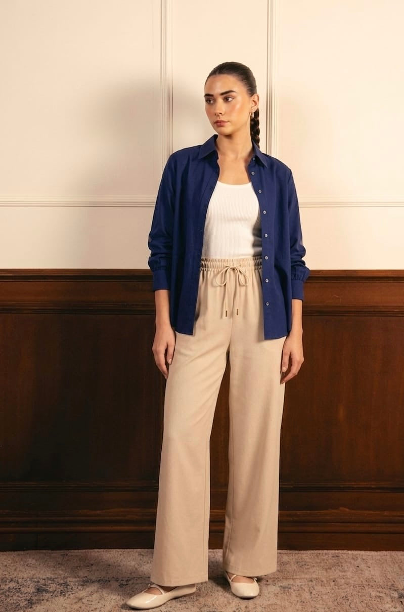 Navy Blue Button Down Shirt With White Inner & Beige Flapper Trouser