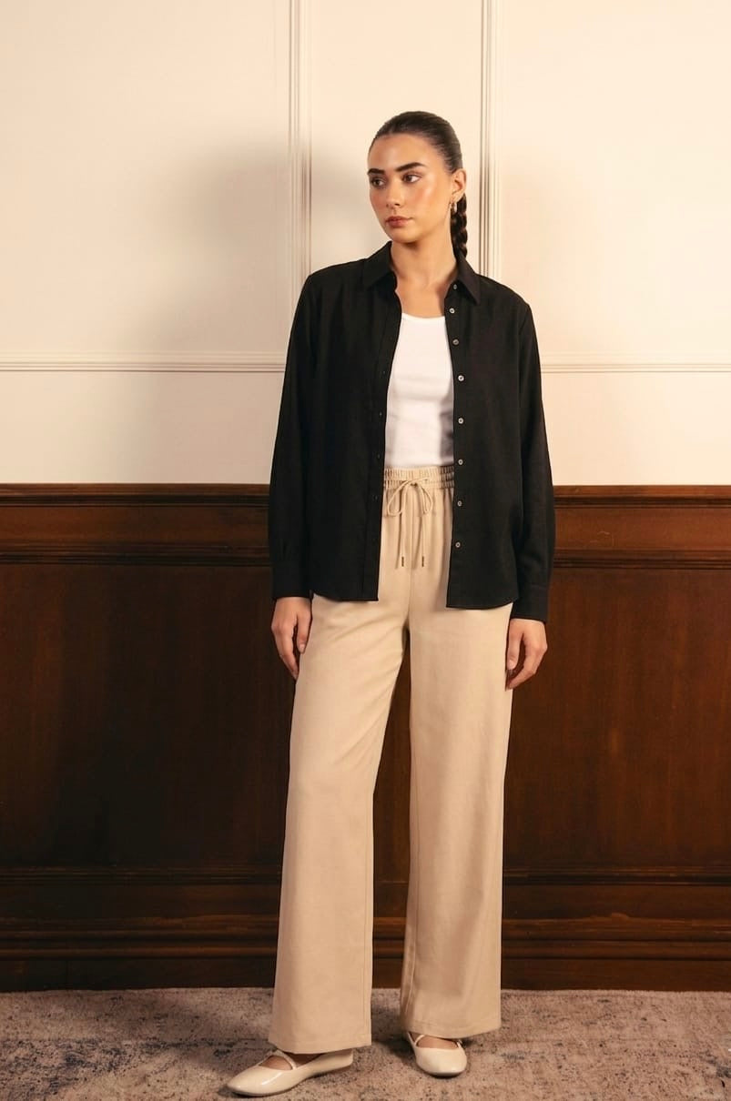Black Button Down Shirt With White Inner & Beige Flapper Trouser