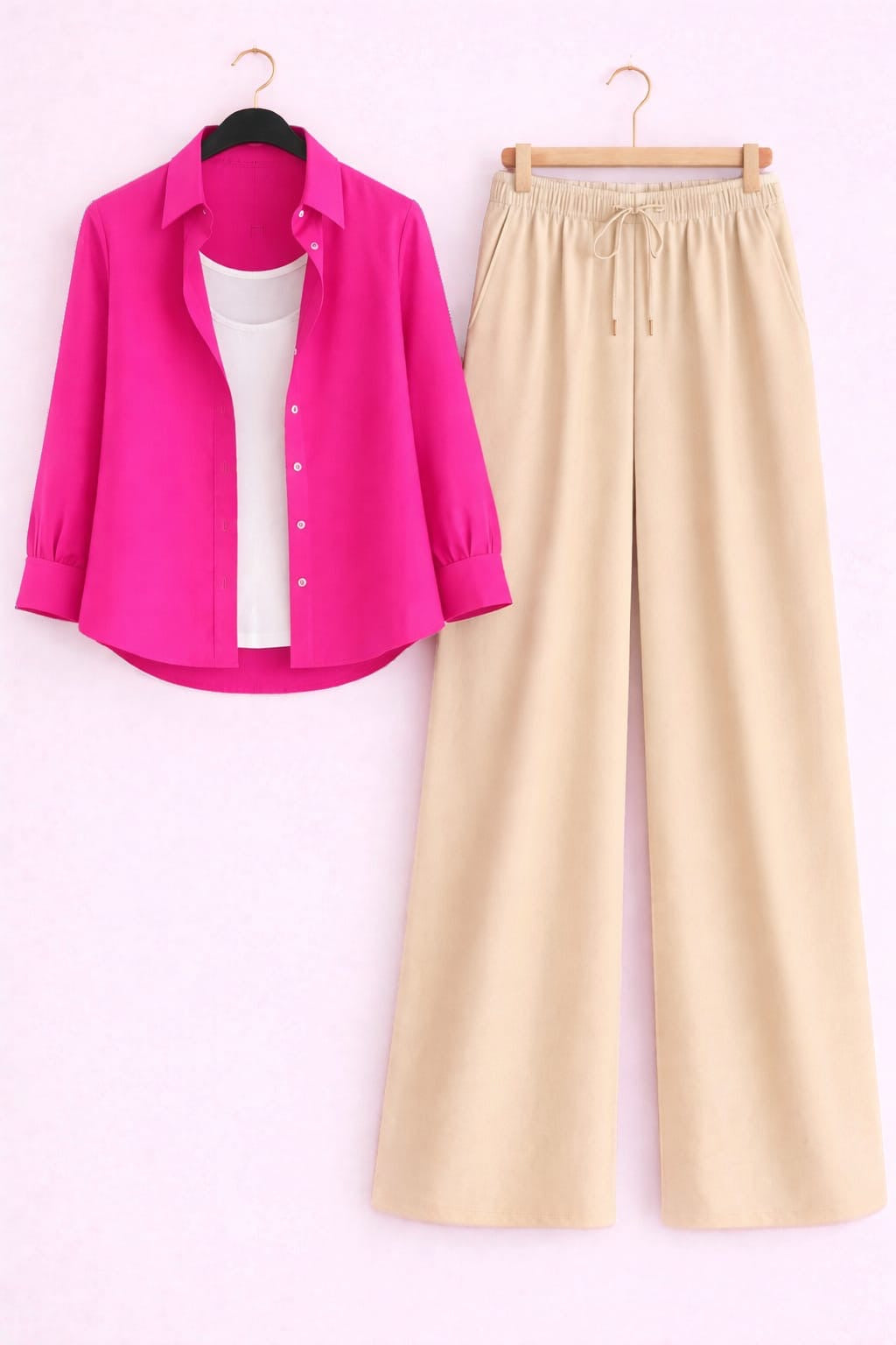 Hot Pink Button Down Shirt With White Inner & Beige Flapper Trouser