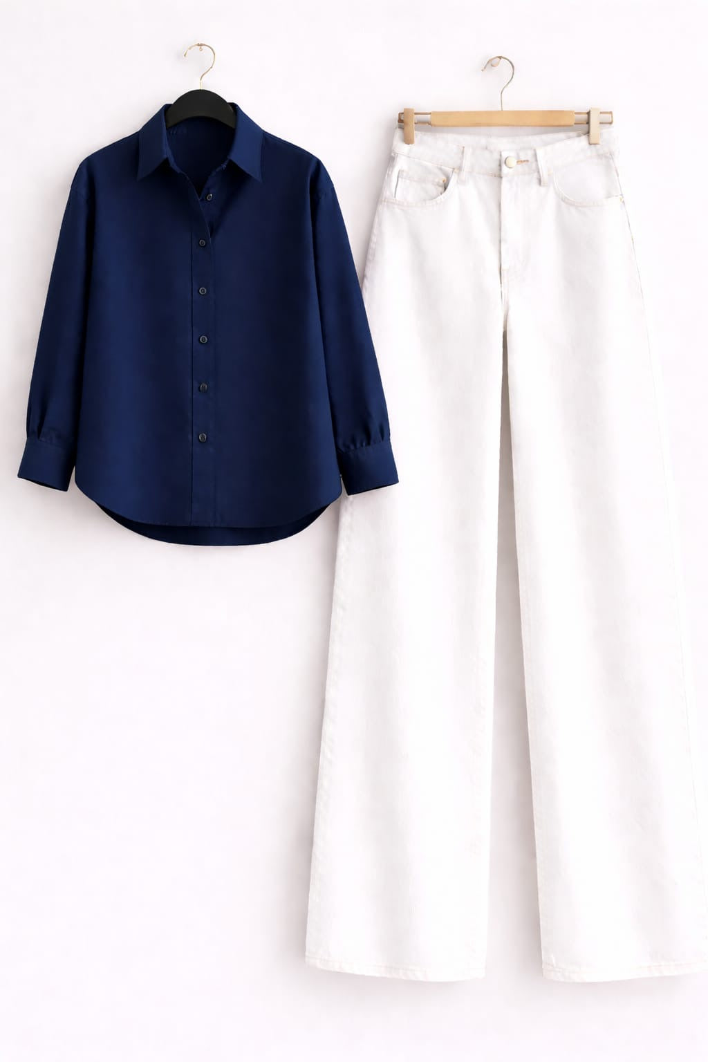 Navy Blue Button Down Shirt & White Wide Leg Jeans