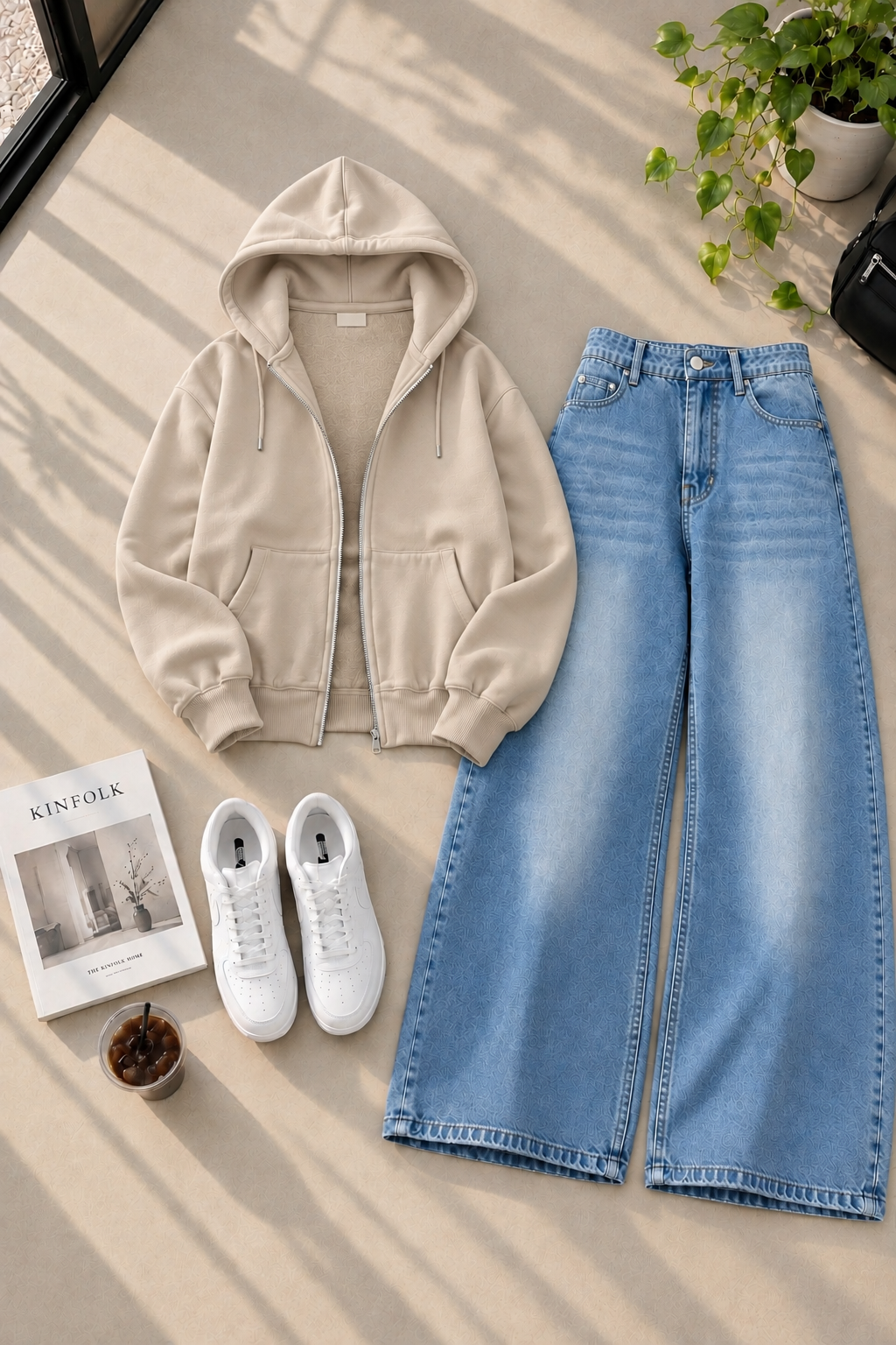 Zipper Hoodie with Ice Blue Shaded Wide Leg Jeans