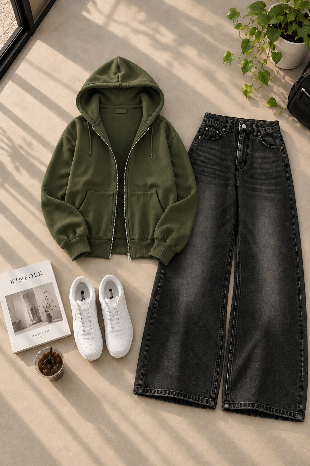 Zipper Hoodie with Black Shaded Wide Leg Jeans