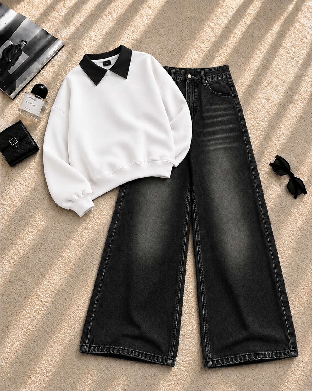 Collar Sweatshirt with Black Shaded Wide-Leg Jeans