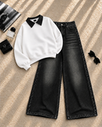 Collar Sweatshirt with Black Shaded Wide-Leg Jeans