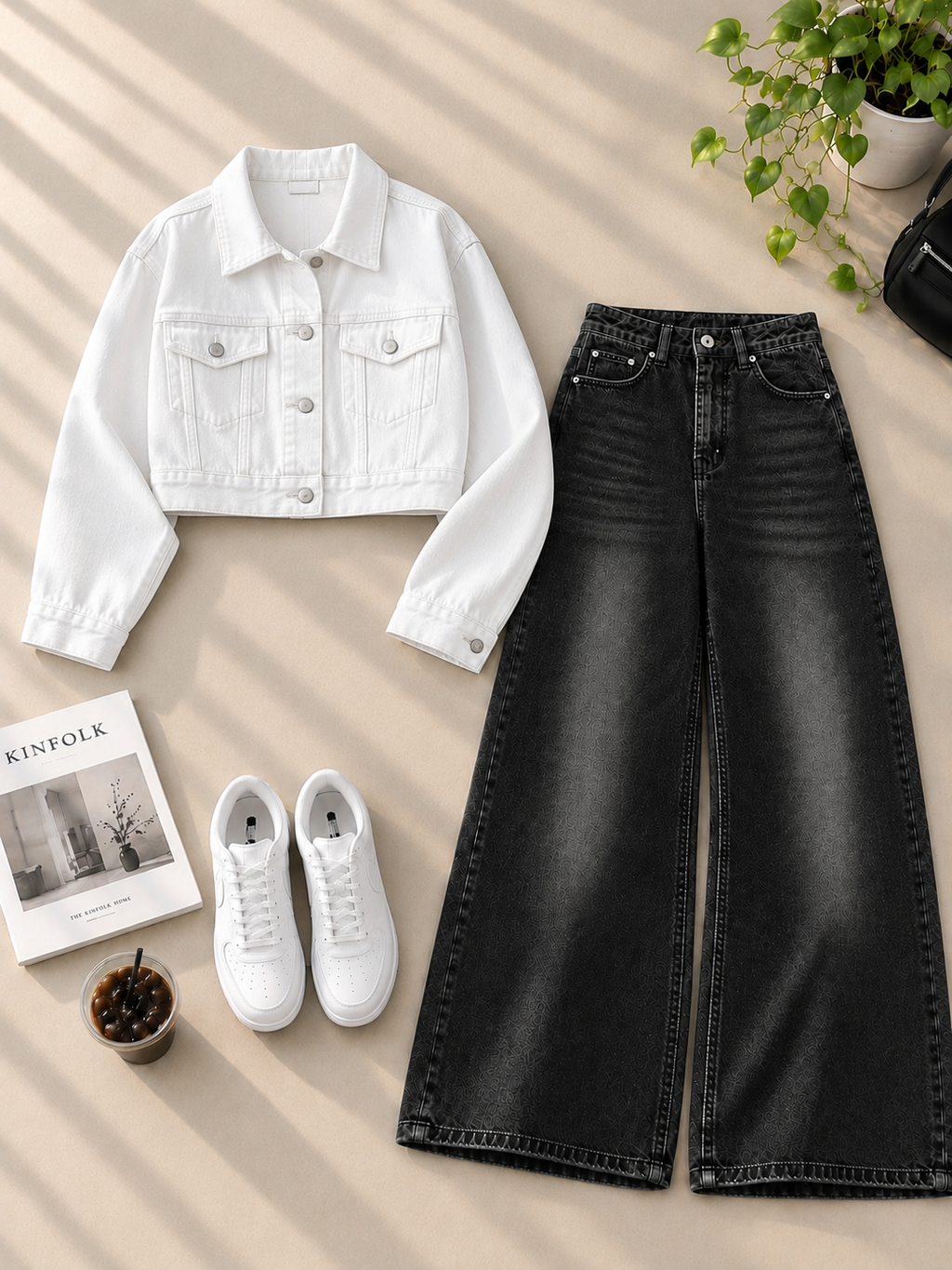 Crop Denim Jacket with Black Shaded Wide-Leg Jeans