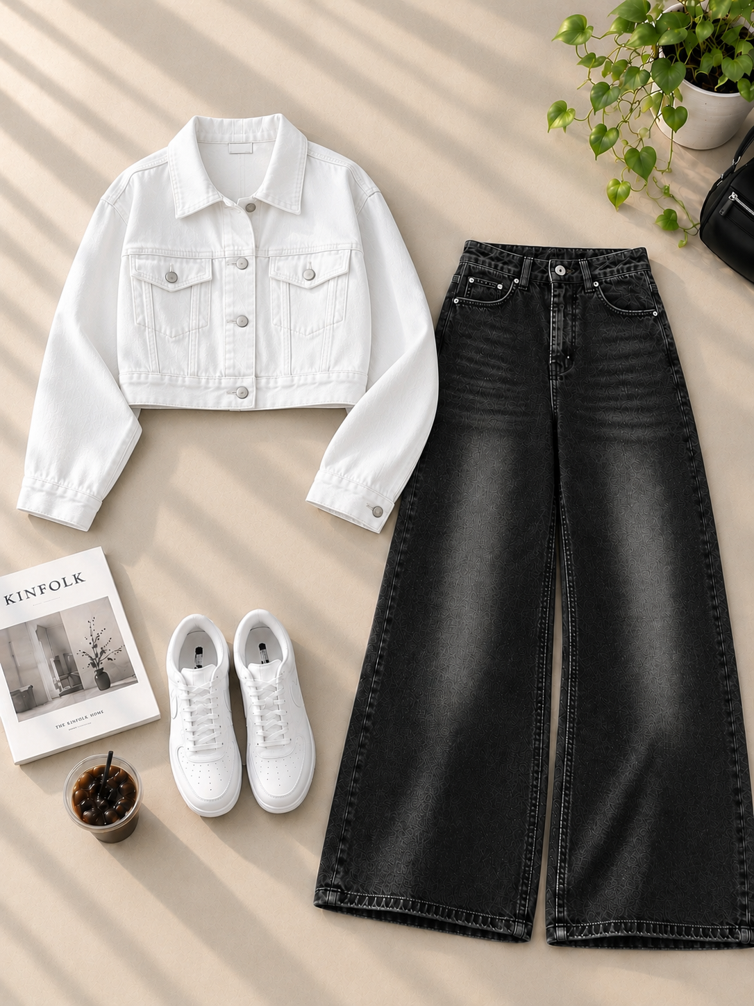 Crop Denim Jacket with Black Shaded Wide-Leg Jeans