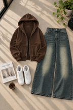 Zipper Hoodie with Greenish Shaded Wide Leg Jeans