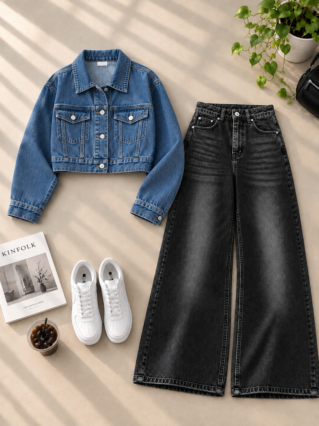 Crop Denim Jacket with Black Shaded Wide-Leg Jeans