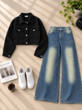 Crop Denim Jacket with Greenish Blue Shaded Wide-Leg Jeans