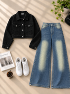 Crop Denim Jacket with Greenish Blue Shaded Wide-Leg Jeans