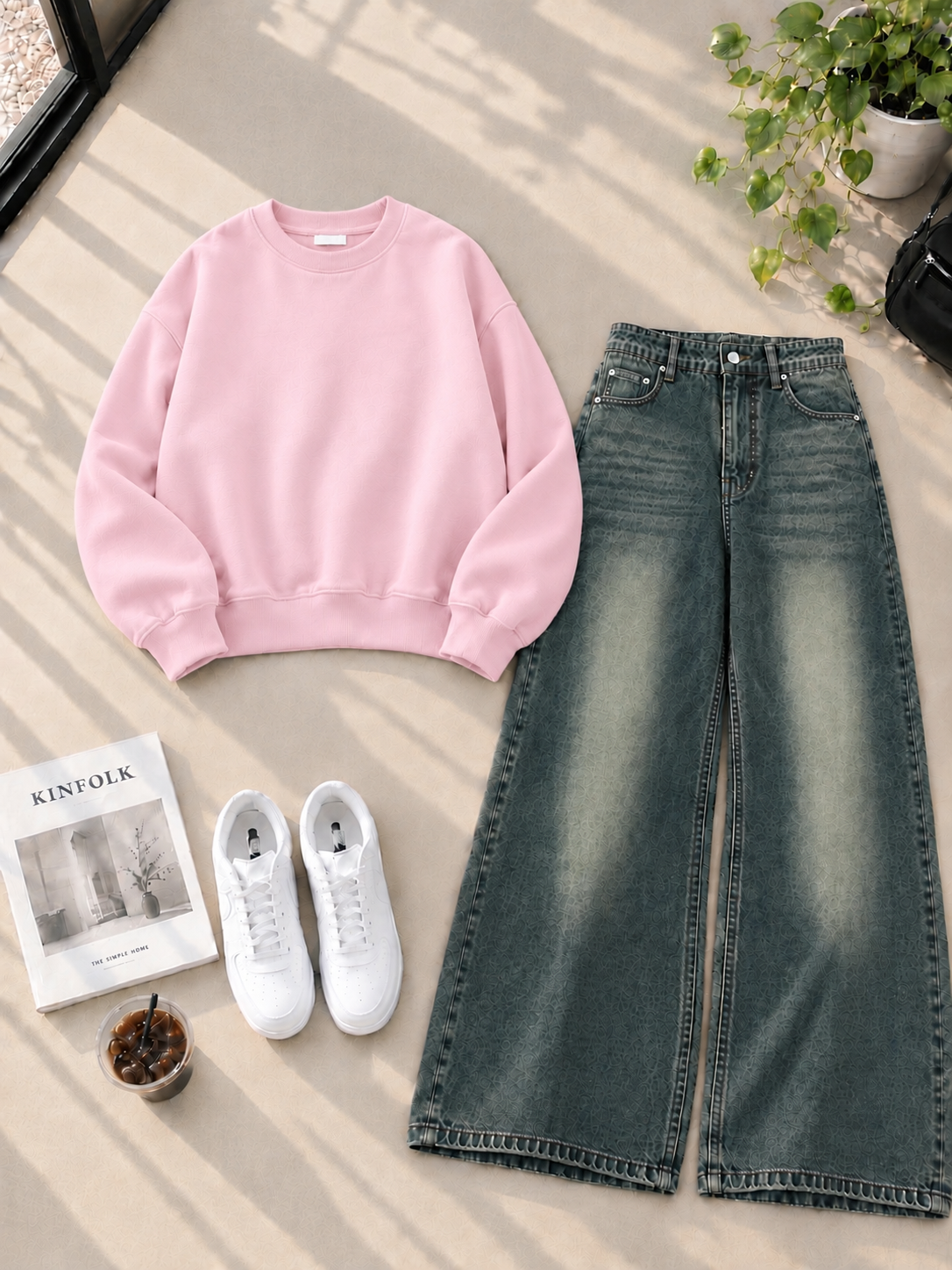 Sweatshirt With Greenish Shaded Wide Leg Jeans