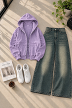 Zipper Hoodie with Greenish Shaded Wide Leg Jeans