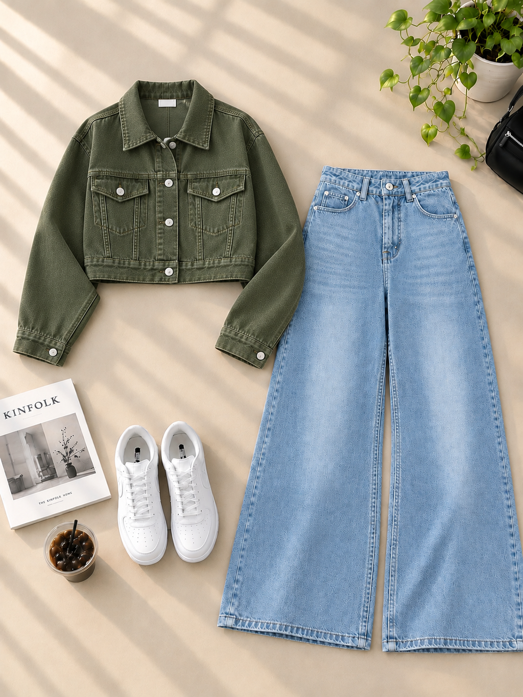 Crop Denim Jacket with Ice Blue Shaded Wide-Leg Jeans