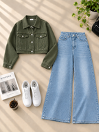 Crop Denim Jacket with Ice Blue Shaded Wide-Leg Jeans