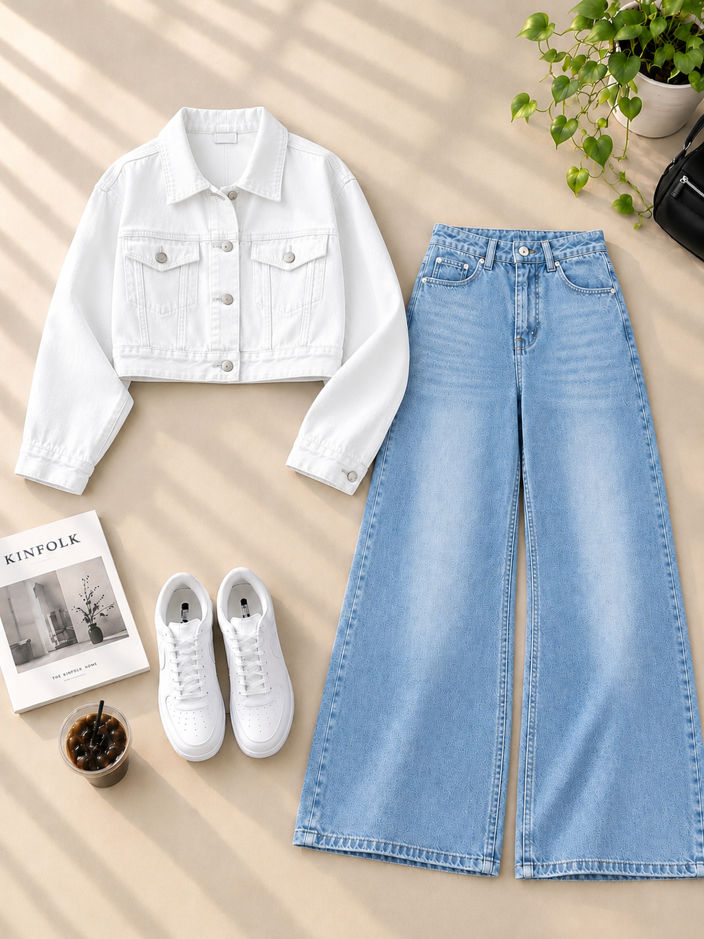 Crop Denim Jacket with Ice Blue Shaded Wide-Leg Jeans