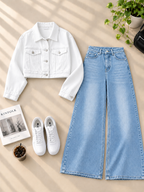 Crop Denim Jacket with Ice Blue Shaded Wide-Leg Jeans