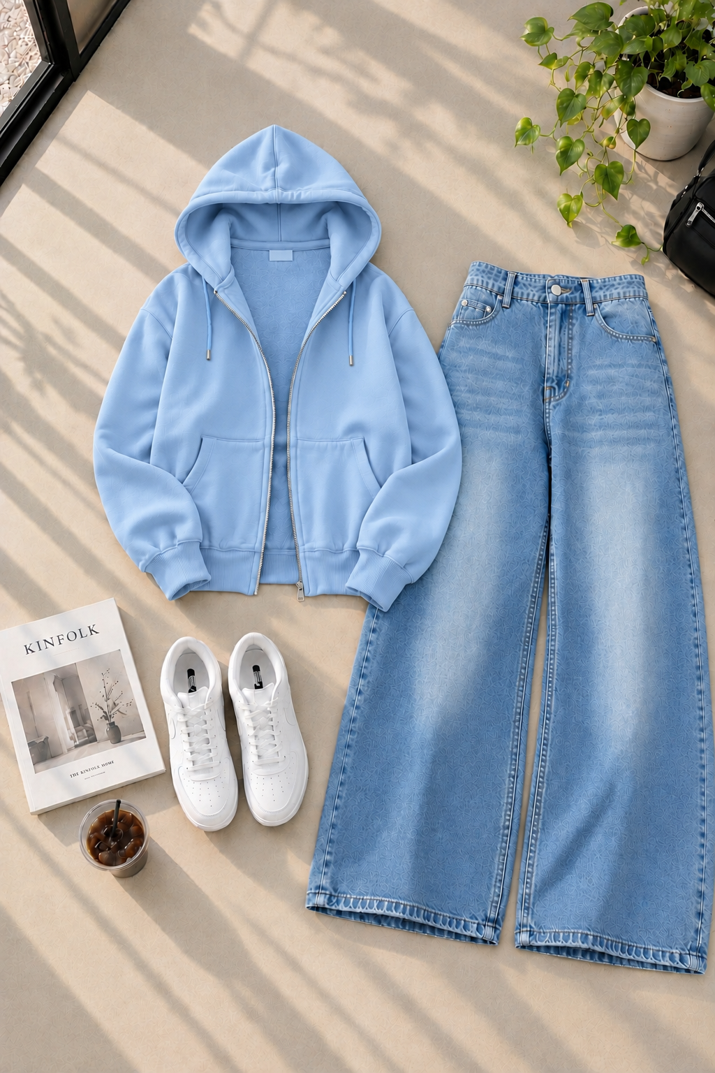 Zipper Hoodie with Ice Blue Shaded Wide Leg Jeans