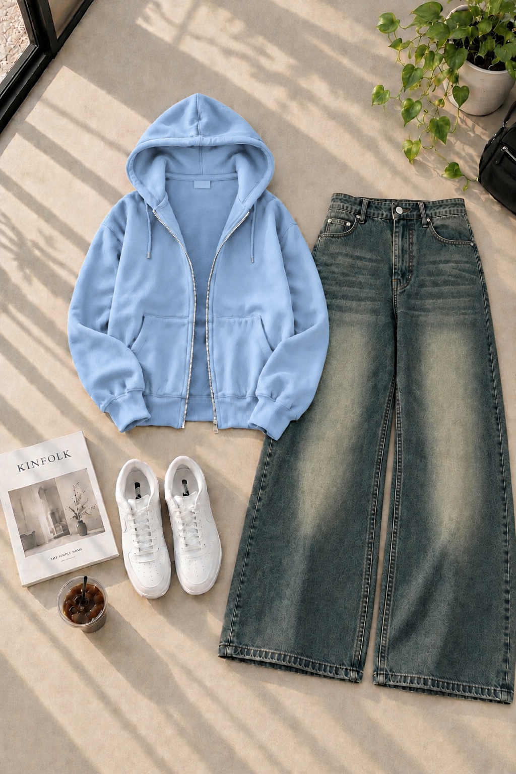 Zipper Hoodie with Greenish Shaded Wide Leg Jeans
