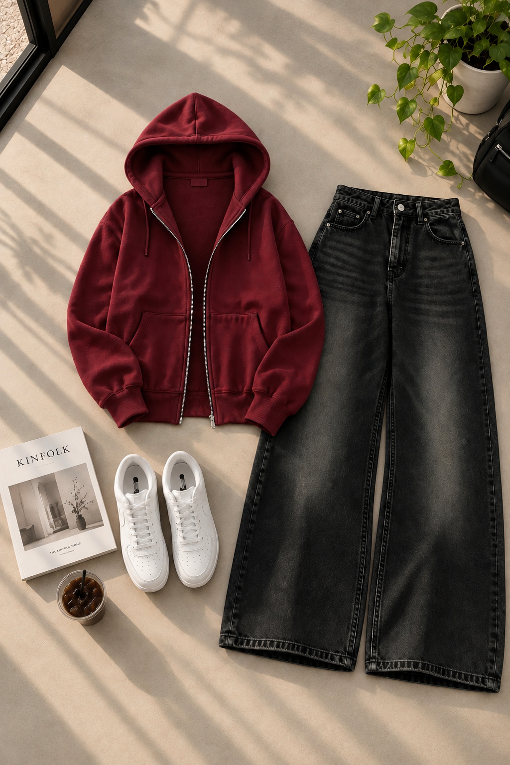 Zipper Hoodie with Black Shaded Wide Leg Jeans
